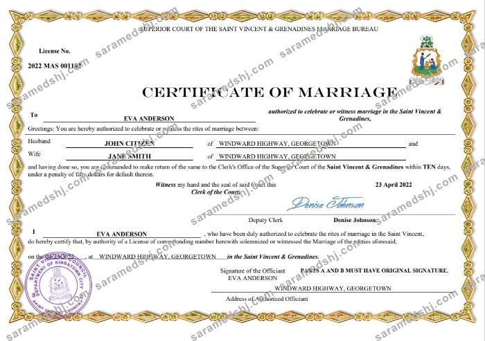 Saint Vincent and Grenadies marriage certificate Word and PDF template